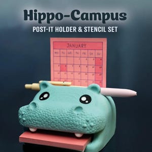 3Dプリントのカバ型ポストイットノートホルダー｜ステンシル付きデスクオーガナイザー