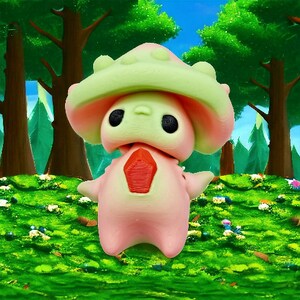 May include: A pink and green mushroom-shaped figurine with a red gem-like detail on its chest. The figurine has a whimsical design, with a large mushroom cap and small arms. It is set against a backdrop of a green forest with trees.