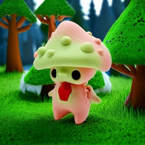 Op de afbeelding: Een cartoonachtig paddenstoelpersonage met een roze lichaam, een groen en roze kap en een rode borst. Het personage staat in een grasveld met bomen op de achtergrond. De paddenstoel heeft grote zwarte ogen en kleine armen.
