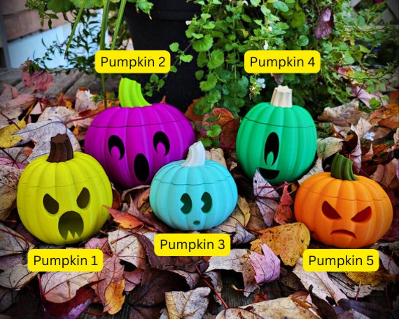 May include: Five Halloween-themed pumpkins with different facial expressions. The pumpkins are painted in various colors, including green, purple, yellow, blue, and orange. The pumpkins are labeled with numbers 1 through 5.