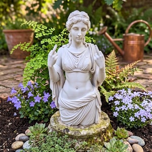 May include: A light gray stone-colored bust sculpture of a classical figure with draped clothing, depicted with both hands raised and middle fingers extended in a gesture, mounted on a circular pedestal base with a weathered, mossy texture.