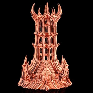 May include: A copper-colored, ornate tower sculpture with a detailed, multi-tiered design. The tower features arched windows and a spiked crown, set against a black background. The metallic finish reflects light, highlighting the intricate architectural details.