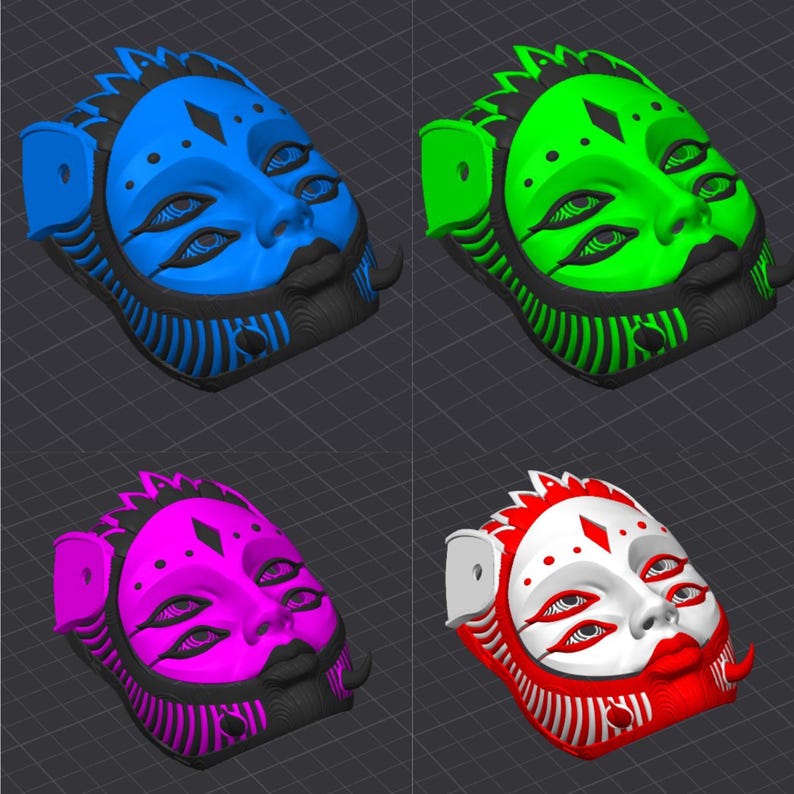 May include: Four colorful face masks with multiple eyes. The masks are blue, green, pink, and red with black accents. The masks have a stylized design with a detailed face and decorative elements.