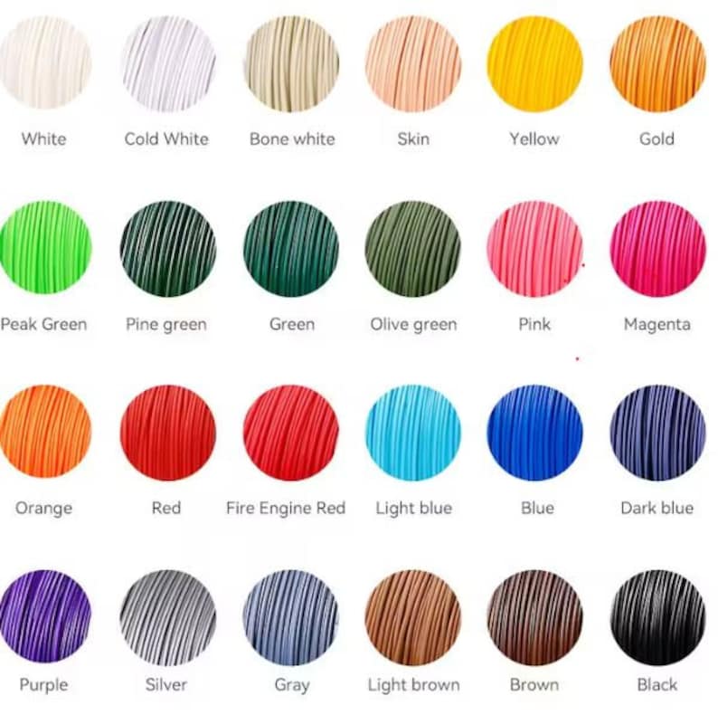 K&ouml;nnte beinhalten: Eine Farbkarte mit 24 verschiedenen Farben f&uuml;r 3D-Druck-Filamente. Zu den Farben geh&ouml;ren Wei&szlig;, Gelb, Gr&uuml;n, Rosa, Orange, Blau, Lila, Silber und Schwarz. Jede Farbe ist mit ihrem Namen beschriftet.