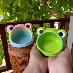 May include: Two frog-shaped bowls. One is a gradient of pink, blue, and yellow, and the other is green. Both have white eyes with black pupils. The bowls are sitting on a brown wicker basket and held by a person.