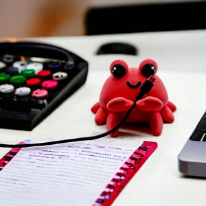 May include: A red crab-shaped cable holder with a smiling face and large black eyes. The holder is holding a black cable in its claws.