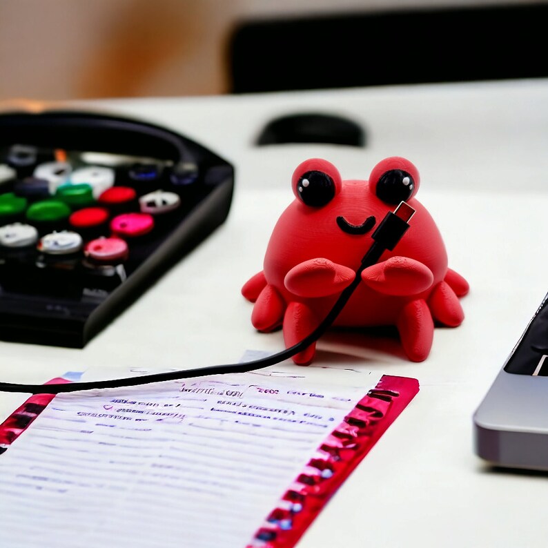 May include: A red crab-shaped cable holder with a smiling face and large black eyes. The holder is holding a black cable in its claws.