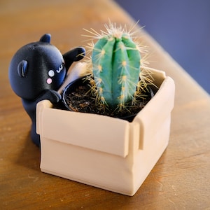 May include: A black cartoon character holding a small cardboard box with a green cactus plant inside.