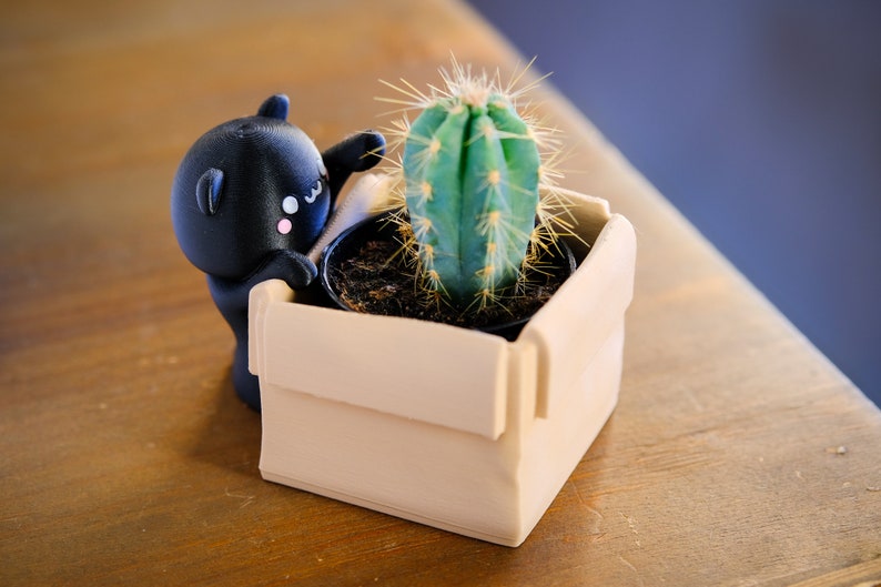 May include: A black cartoon character holding a small cardboard box with a green cactus plant inside.