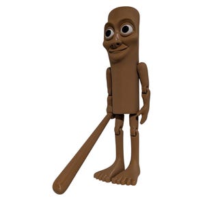 May include: A brown, articulated figure with a cylindrical body, a smiling face, and large eyes. The figure holds a brown, elongated object resembling a baseball bat. The figure has articulated arms and legs and is standing on a white background.