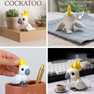 May include: A white cockatoo figurine with a yellow crest, grey beak, and grey feet. The bird features articulating joints in the wings and feet that pop out. Text on the image includes CHATTY COCKATOO, ARTICULATING JOINTS, FEET POP OUT, and YOUR DESK-MATE FOR CHARM.