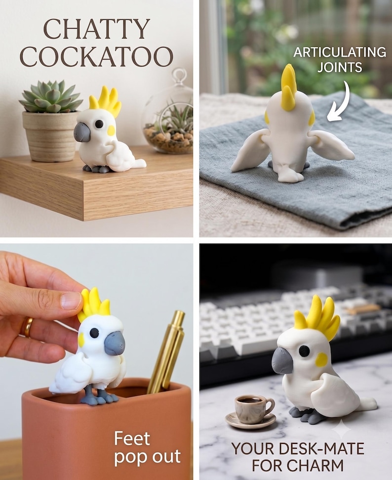 May include: A white cockatoo figurine with a yellow crest, grey beak, and grey feet. The bird features articulating joints in the wings and feet that pop out. Text on the image includes CHATTY COCKATOO, ARTICULATING JOINTS, FEET POP OUT, and YOUR DESK-MATE FOR CHARM.