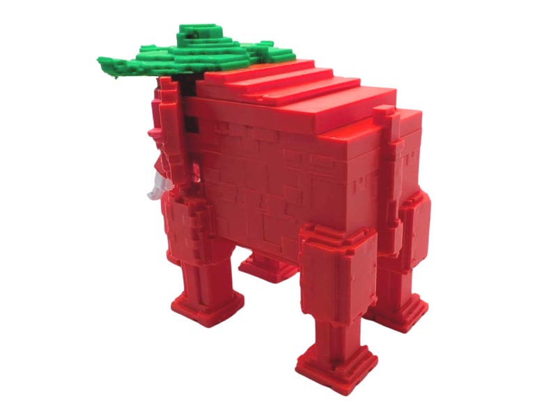 May include: A red, geometric, box-like sculpture with a green, leafy top. The sculpture has a stepped design on top and is supported by four square legs. The overall design is reminiscent of a stylized animal or creature.