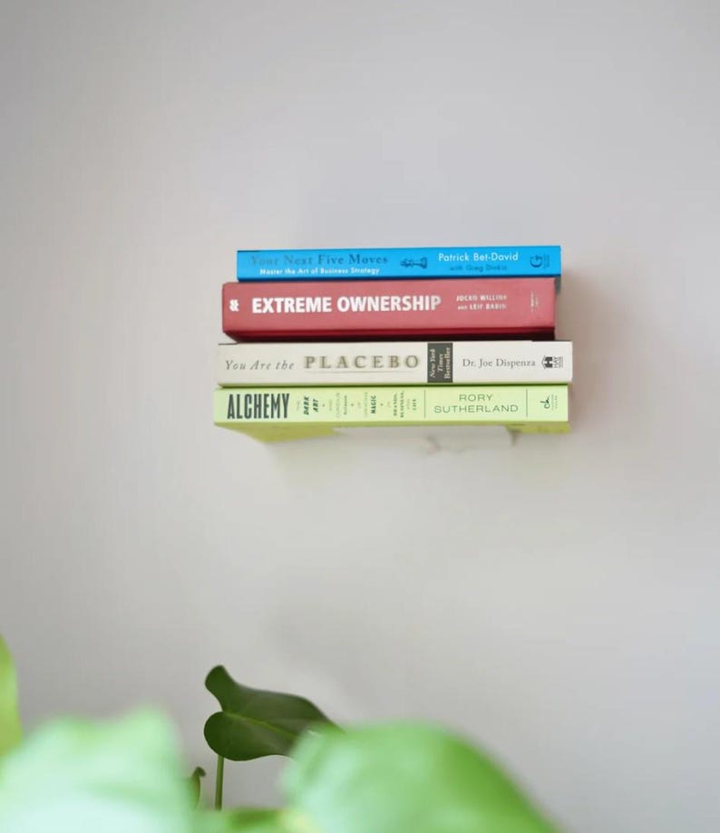 May include: A stack of five books with colorful spines against a white wall. The titles include "Your Next Five Moves", "Extreme Ownership", "You Are the Placebo", and "Alchemy". The books are in shades of blue, red, white, and green.