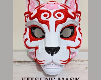 Premium Kitsune Mask - Japanese Folklore Fox Cosplay, 3D Printed In-Color, Sakura Flower Detail, Wearable Kabuki Mask, Japanese Art Decor