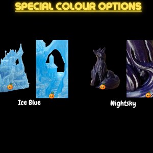 May include: Three 3D printed figurines in different colors: a blue castle, a blue house in a cave, and a purple fox. The text "SPECIAL COLOUR OPTIONS" is at the top of the image. The text "Ice Blue" is below the blue castle and house. The text "Nightsky" is below the purple fox.