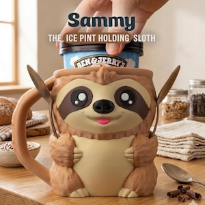 May include: A brown and tan ice cream pint holder shaped like a sloth, with the name "Sammy" above. The sloth has large eyes, a pink tongue, and holds two spoons. The holder is designed to hold a pint of ice cream.