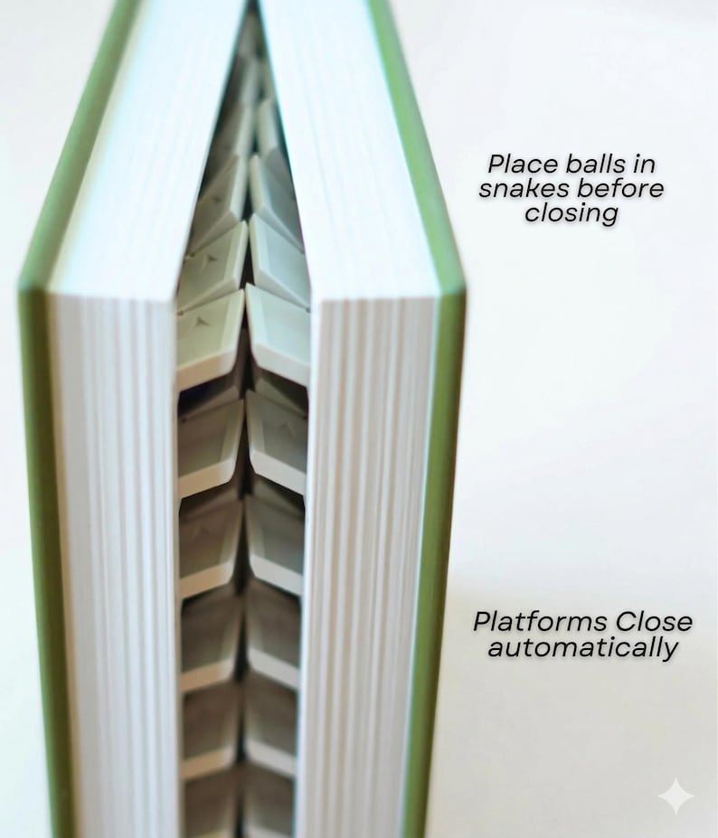 May include: A green book with white pages and a unique interior design. The text on the image reads "Place balls in snakes before closing" and "Platforms Close automatically". The book's interior features a series of platforms.