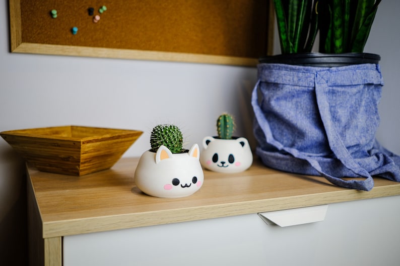 May include: Two white ceramic planters shaped like a cat and a panda bear, with small green cactus plants inside. The planters are sitting on a light brown wooden surface.