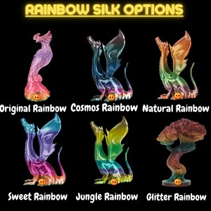 May include: Six different rainbow silk options for a dragon or phoenix figurine. The options are: Original Rainbow, Cosmos Rainbow, Natural Rainbow, Sweet Rainbow, Jungle Rainbow, and Glitter Rainbow.