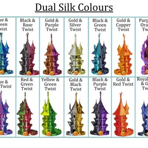 May include: A collection of 16 miniature castle towers, each with a unique dual-color silk twist design. The towers are arranged in a grid, with each row representing a different color combination. The colors include blue, green, red, black, purple, gold, silver, copper, and orange.