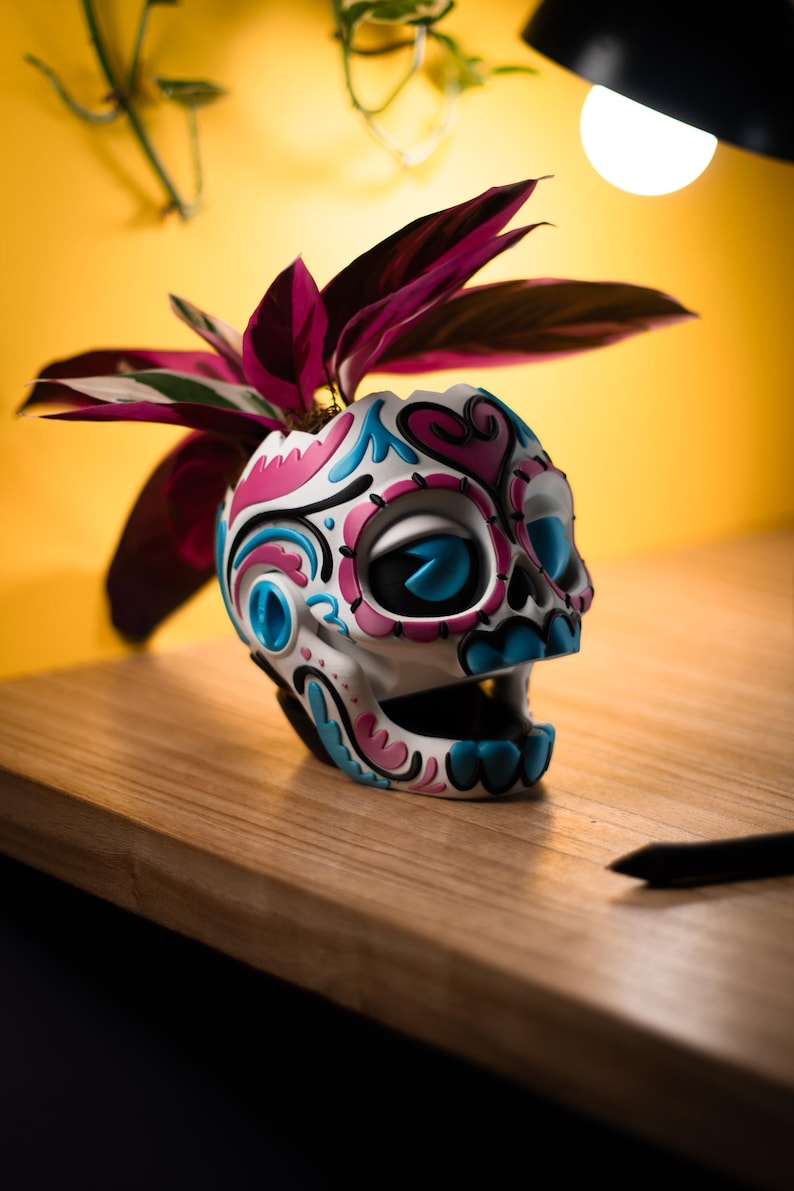 May include: A white skull-shaped planter with pink and blue floral designs, holding a plant with dark red and green leaves. The planter sits on a wooden surface against a yellow background.