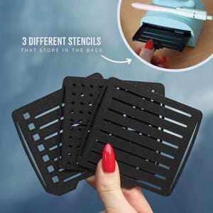 May include: Three black stencils with different patterns are held in front of a blue background. The stencils are square and made of a dark material. The text "3 DIFFERENT STENCILS THAT STORE IN THE BACK" is visible in the image.