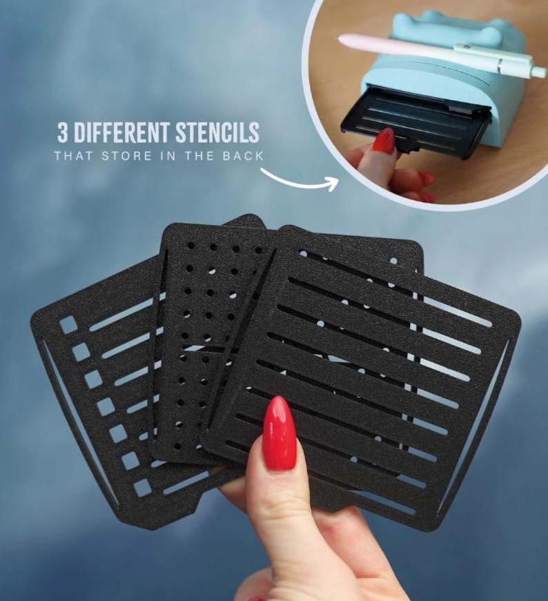 May include: Three black stencils with different patterns are held in front of a blue background. The stencils are square and made of a dark material. The text "3 DIFFERENT STENCILS THAT STORE IN THE BACK" is visible in the image.