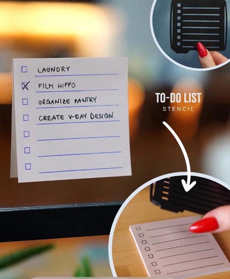 May include: A white sticky note with a to-do list, including "LAUNDRY" and "FILM HIPPO", is displayed. A black stencil with a to-do list design is also shown. The text "TO-DO LIST STENCIL" is visible.
