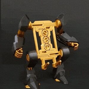 May include: A gold and black robot with a gear-shaped body and articulated limbs. The robot is standing on a black surface.