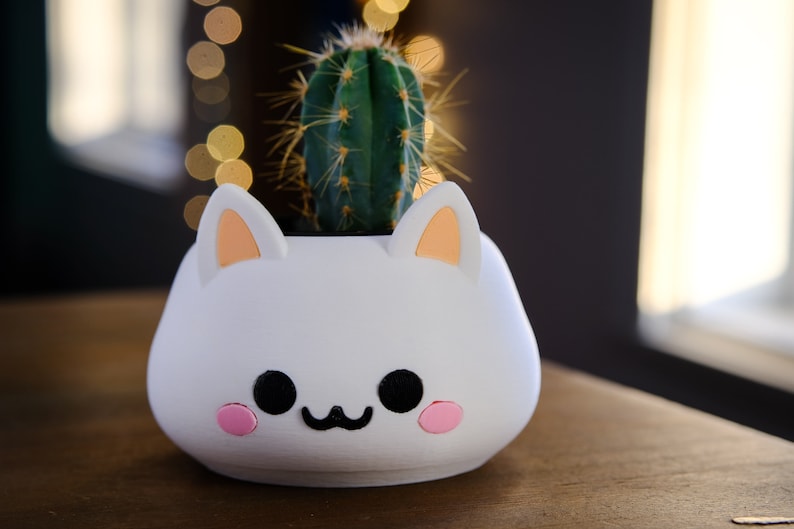 May include: White ceramic planter shaped like a cat's face with pink cheeks and black eyes, holding a small green cactus.