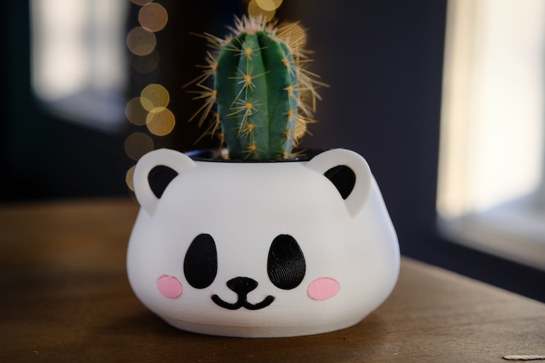 May include: A white ceramic planter shaped like a panda face with pink cheeks, holding a small green cactus.