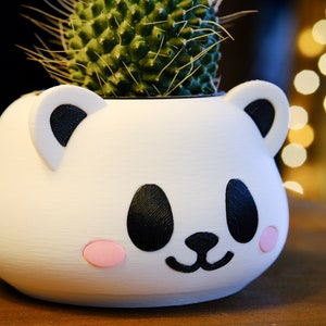 Puede incluir: Maceta de cerámica blanca con forma de cara de panda con ojos, nariz y orejas negras. Una pequeña planta de cactus verde está creciendo en la maceta.