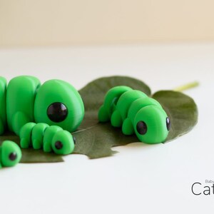 Puede incluir: Varias figuras de orugas verdes con ojos negros, colocadas sobre una hoja verde. Las figuras son de diferentes tama&ntilde;os, la m&aacute;s grande en el centro. El texto "Baby Caterpillar" es visible en la esquina inferior derecha.