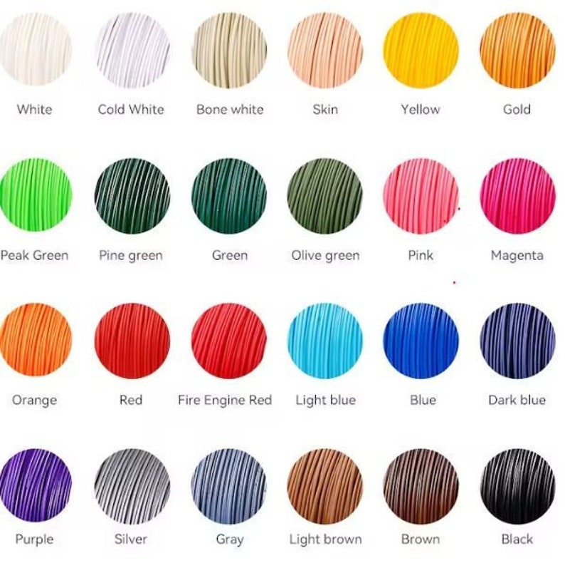 May include: A chart of 18 different colors of cord, each color is represented by a circle of wound cord. The colors are: white, cold white, bone white, skin, yellow, gold, peak green, pine green, green, olive green, pink, magenta, orange, red, fire engine red, light blue, blue, dark blue, purple, silver, gray, light brown, brown, and black.