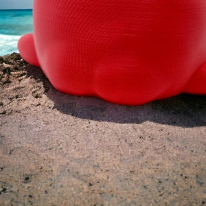 May include: A bright red inflatable toy shaped like a large, round, and smooth object. The toy is sitting on a sandy beach.