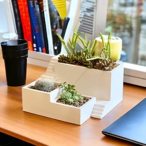 Pode incluir: Vaso de cerâmica branco com três níveis, com uma variedade de suculentas e cactos. O vaso está sobre uma mesa de madeira com um computador portátil no fundo.