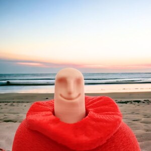 May include: A smiling face made of a white popsicle is wrapped in a red blanket. The popsicle is sitting on a sandy beach with the ocean in the background.