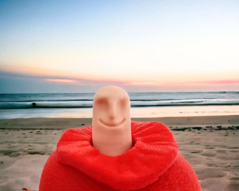 May include: A smiling face made of a white popsicle is wrapped in a red blanket. The popsicle is sitting on a sandy beach with the ocean in the background.