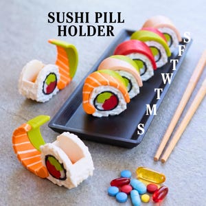 7-daagse sushi-pillendoos | Wekelijkse medicatie-opberger | Leuke Japanse voedselpillenhouder | Dagelijkse vitaminekoffer | Uniek medisch accessoire afbeelding 1