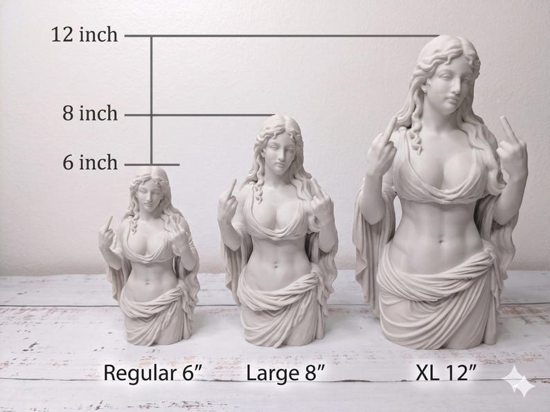 May include: Three matte white busts of a woman with long wavy hair, each displaying a middle finger gesture on both hands. The statues are labeled by height as Regular 6 inch, Large 8 inch, and XL 12 inch, with corresponding size markers.