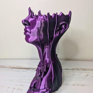 May include: A purple decorative planter shaped like a human profile. The planter features a detailed face with a nose, lips, and ear. The top of the planter has a jagged, crown-like design. The planter is made of a shiny, metallic-looking material.