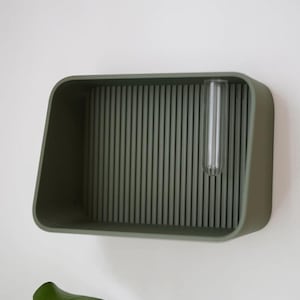May include: A wall-mounted, olive green planter with a rectangular shape and a ribbed interior. A clear glass test tube is inserted into the planter. The planter is mounted on a white wall. The design is minimalist and modern.