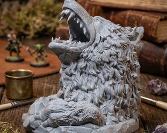 Howling Wolf Dice Tower | 3D Printed D&D Tabletop Accessory | Dire Wolf Bust for RPGs / Board Games