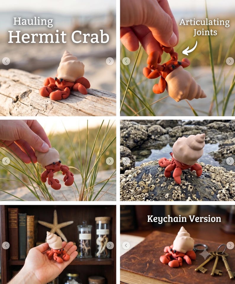 Kawaii Hermit Crab 3D Print | Chunky Articulated Fidget Toy | Cute Desk Accessory | Clemmy Creations Ocean Figurine image 2
