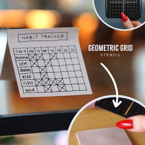 May include: A habit tracker with a grid for marking daily activities, including meditation, gym, journaling, reading, flossing, and walking. A geometric grid stencil is also shown, along with a dotted notebook.