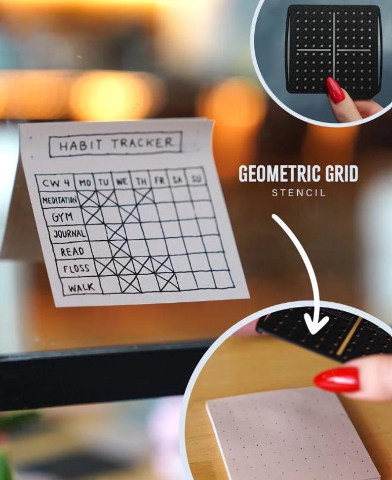 May include: A habit tracker with a grid for marking daily activities, including meditation, gym, journaling, reading, flossing, and walking. A geometric grid stencil is also shown, along with a dotted notebook.