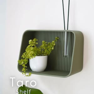 Op de afbeelding: Olijfgroen wandrek met een witte keramische pot met een groene plant. Een heldere glazen buis hangt van bovenaf. De tekst "Taro shelf" staat in het wit op het rek. Een modern woondecoratie-item.