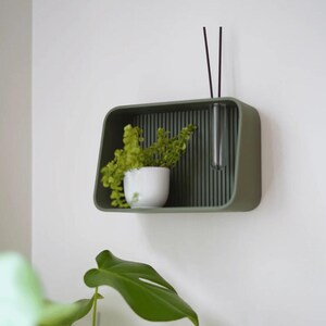 May include: A modern, olive green wall shelf with a built-in vase and a small white pot holding a green plant. The shelf has a vertical slatted back and is mounted on a white wall. Two black sticks are in the vase.