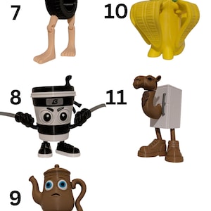 May include: A collection of whimsical figurines, each with a unique design. One features a frog on a tire, another a monkey in a banana, and a coffee cup with arms. Other figures include a teapot and a camel with a refrigerator.